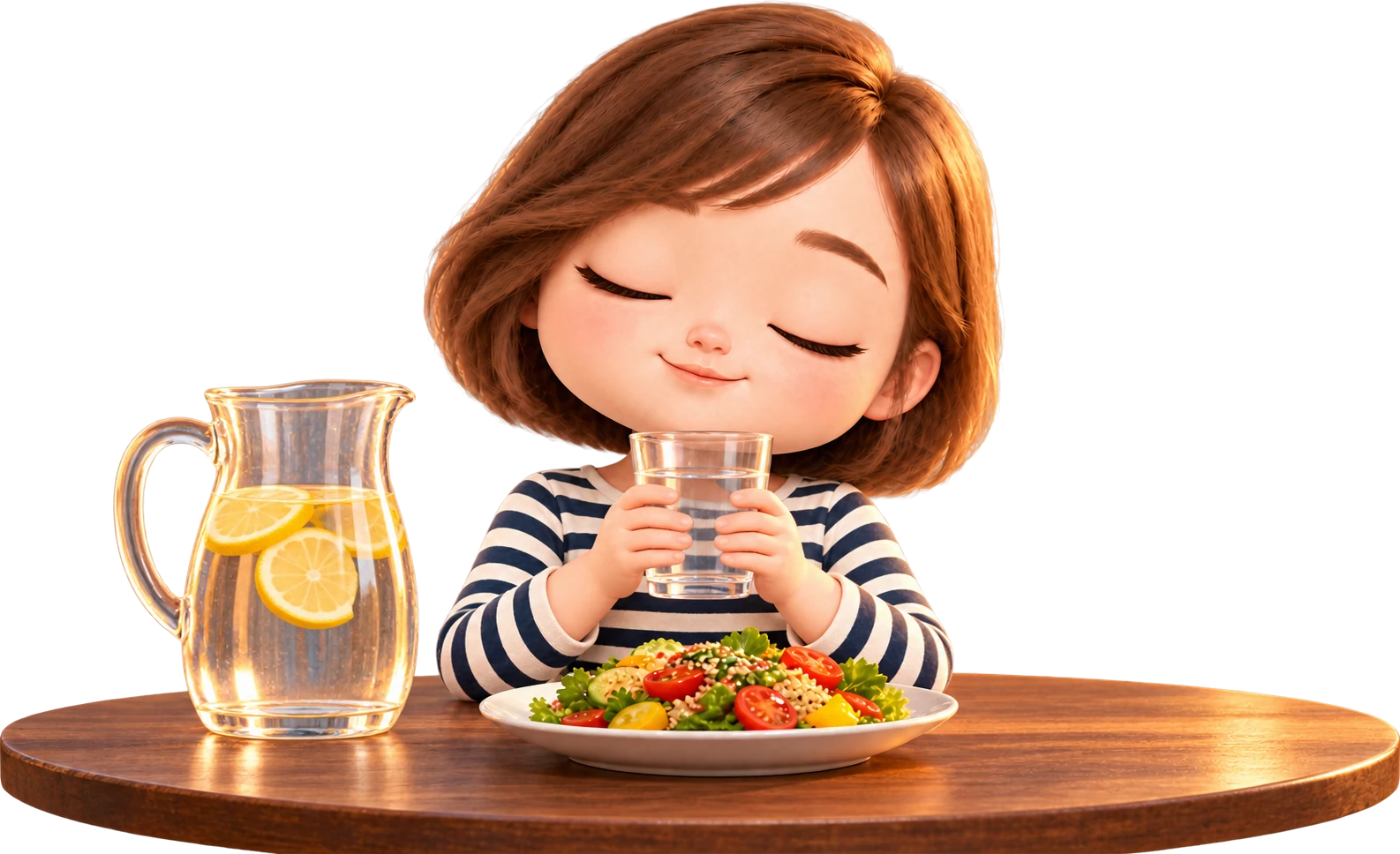 A cartoon character with closed eyes holding a glass of water, with a salad and a pitcher of lemon water on the table.